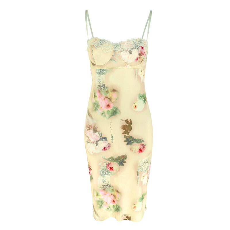 Damen Sommerliches Blumenkleid mit zarter Spitze und Spaghetti-Trägern R&B