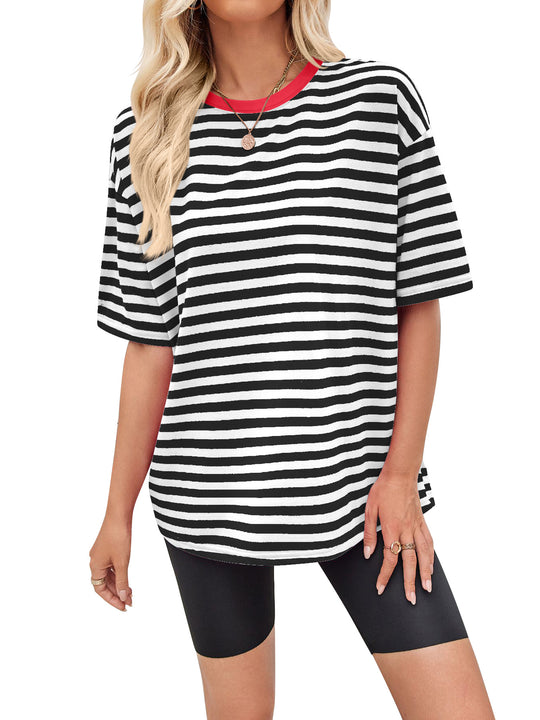 Damen gestreiftes Oversize T-Shirt mit Rundhalsausschnitt und Kontrastdetails R&B