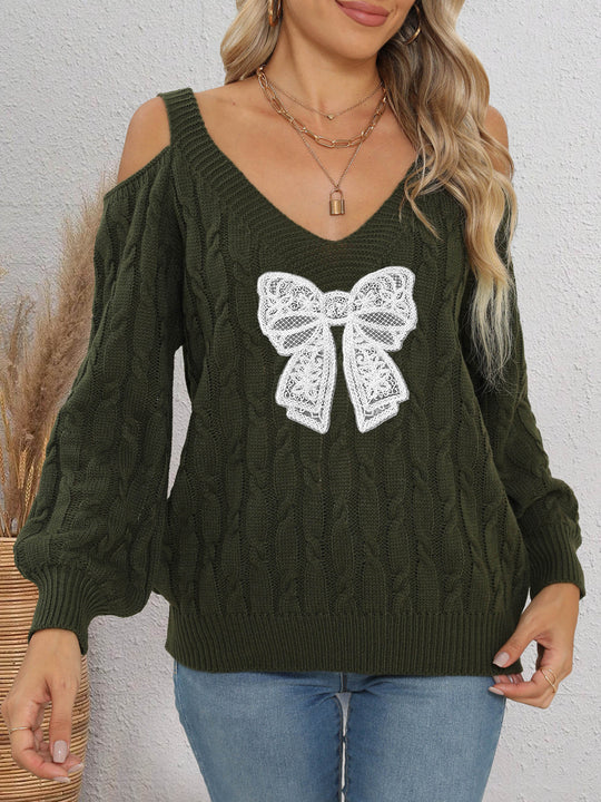 Damen modischer Pullover mit verspielt eingestricktem Schleifenmotiv R&B