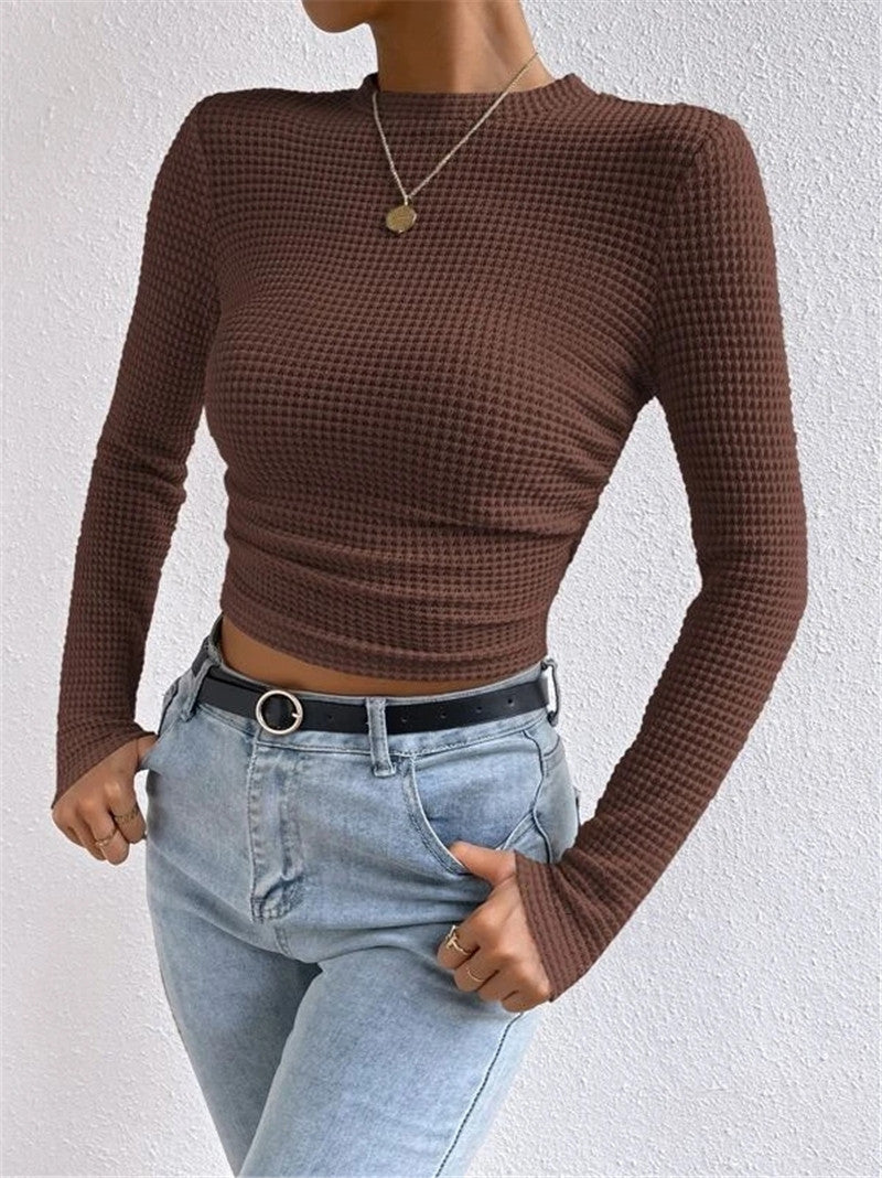 Damen modisches langärmliges Crop-Top mit Waffelstruktur R&B