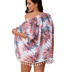 Damen Strandkleid mit floralem Design und fransenverziertem Überwurf R&B