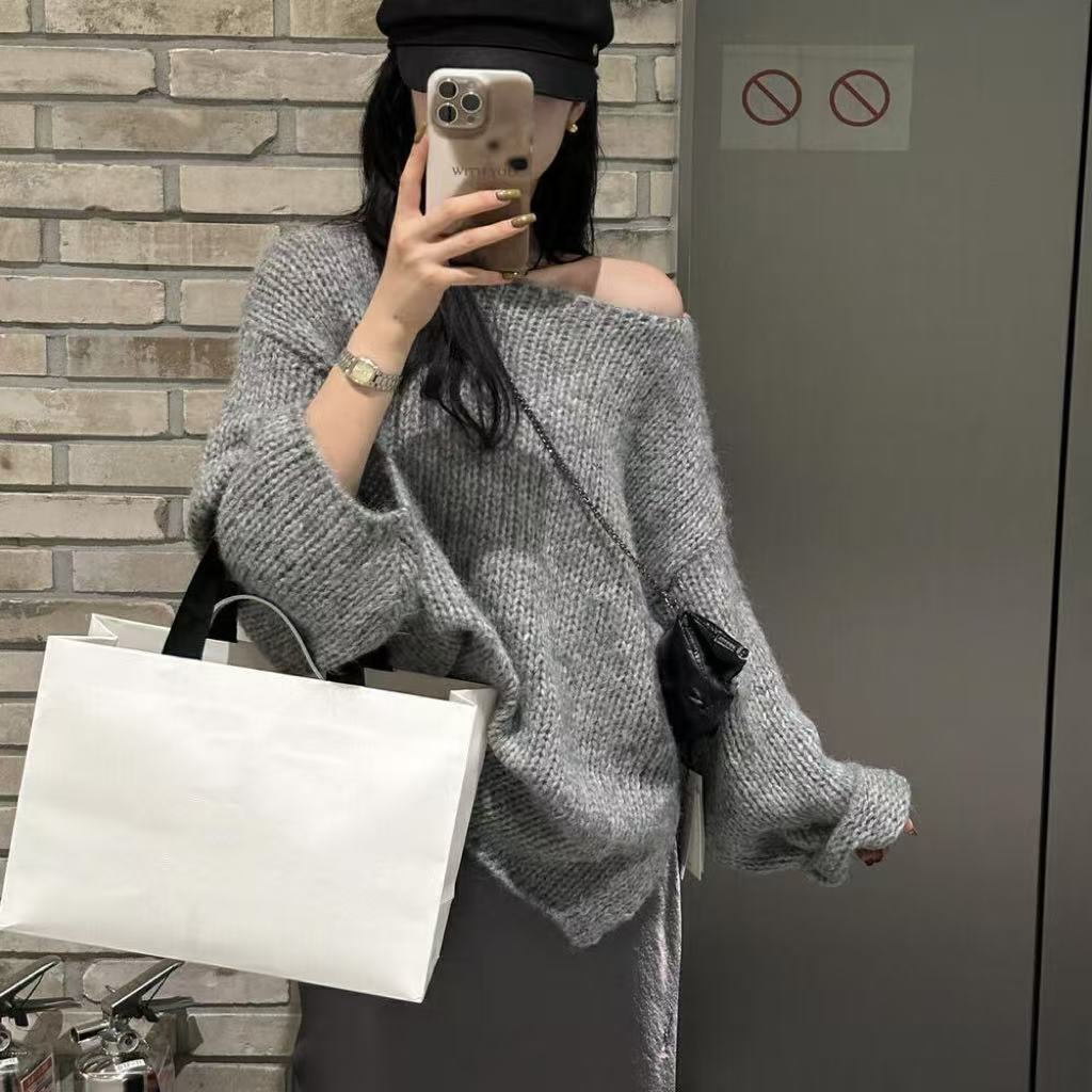 R&B | Übergröße Pullover Grobstrick Off Shoulder Langarm Freizeitfit