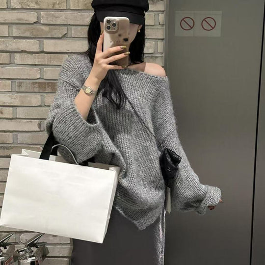 R&B | Übergröße Pullover Grobstrick Off Shoulder Langarm Freizeitfit