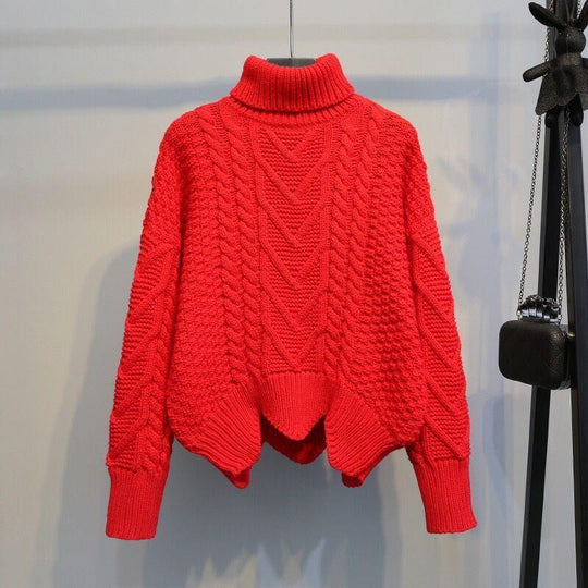 Damen Grobstrickpullover mit hochgeschlossenem Kragen und Zopfmuster R&B