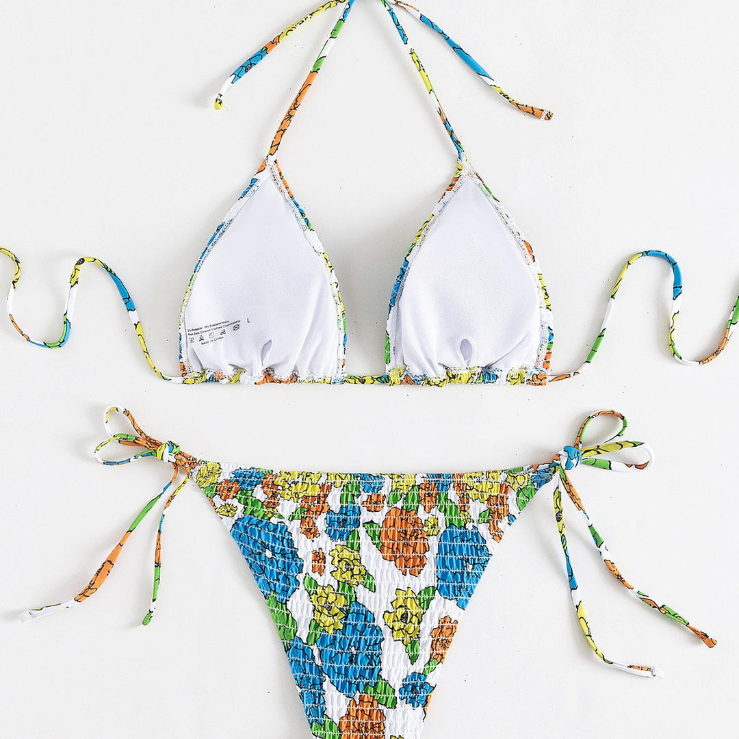 Damen Triangel-Bikini mit buntem Floral-Muster und elastischen Bindebändern R&B