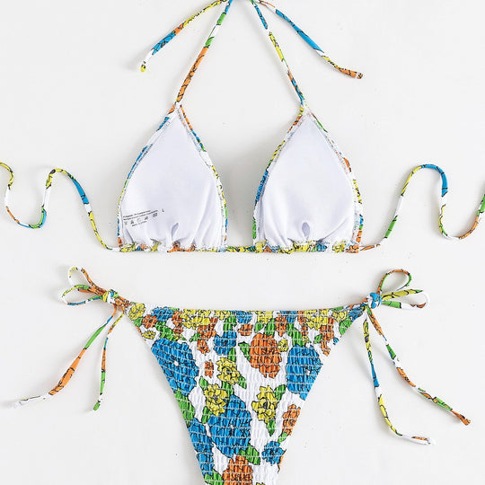 Damen Triangel-Bikini mit buntem Floral-Muster und elastischen Bindebändern R&B