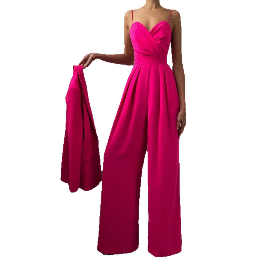 Damen eleganter Jumpsuit mit tiefem V-Ausschnitt und weiten Beinen R&B