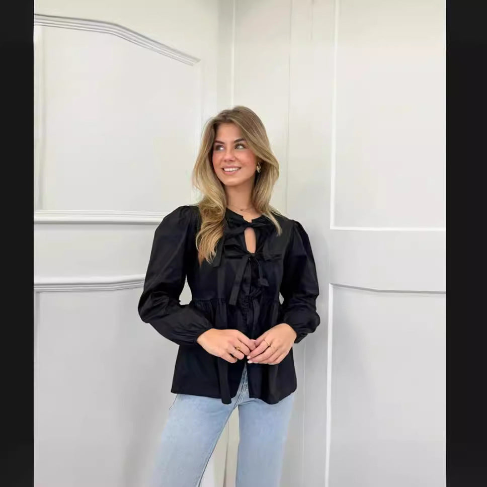 Damen elegante Bluse mit Rüschendetails und Bindeband R&B