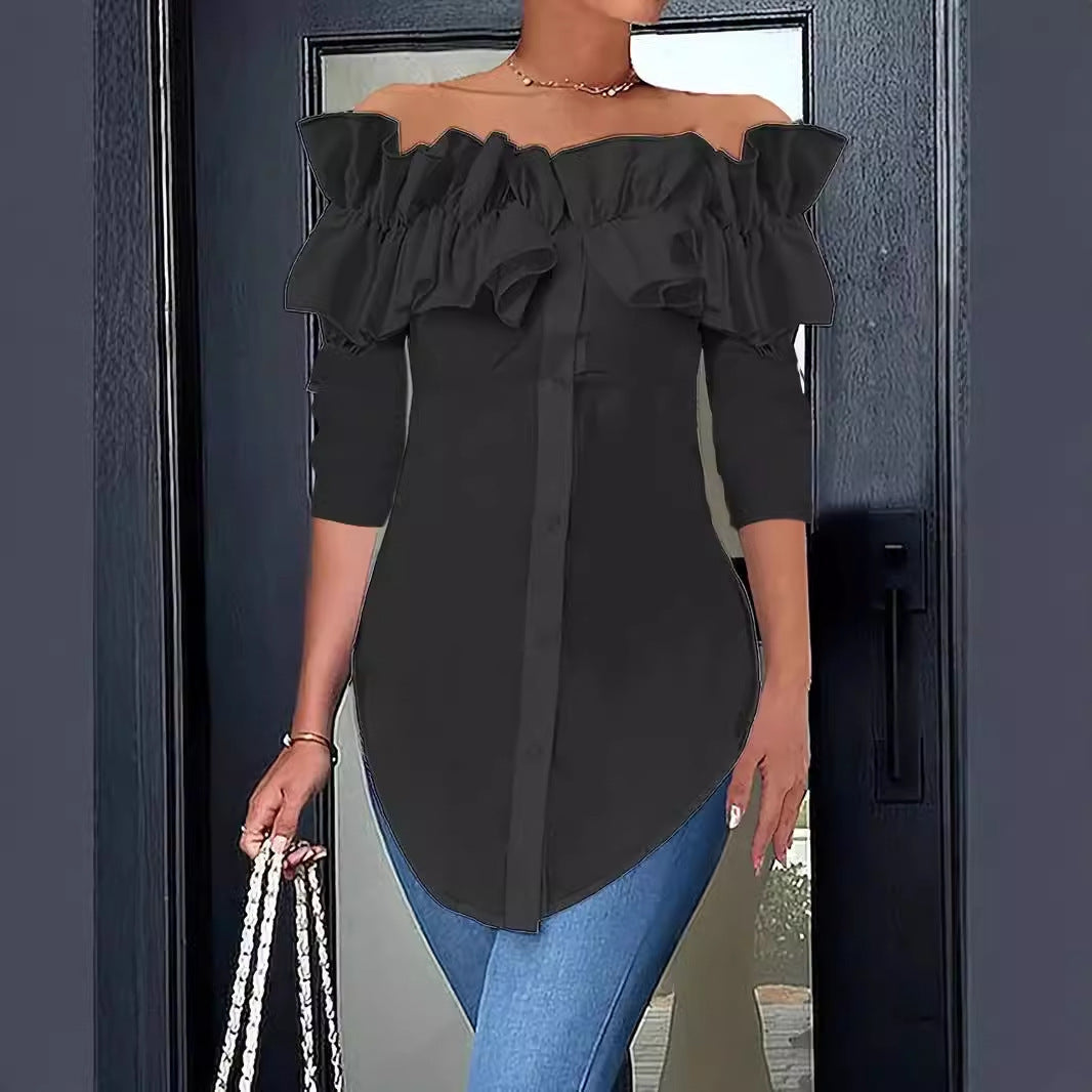 Damen Off-Shoulder Bluse mit Rüschen und Knopfleiste R&B