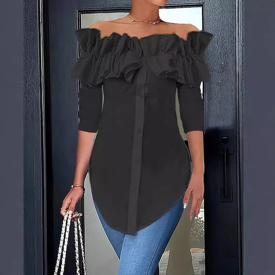 Damen Off-Shoulder Bluse mit Rüschen und Knopfleiste R&B