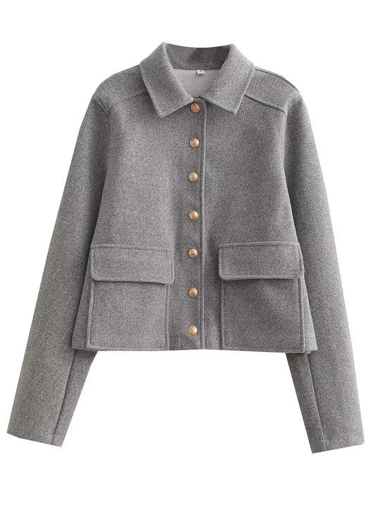 Damen modische Kurzjacke mit praktischen Taschen und goldenen Knöpfen R&B