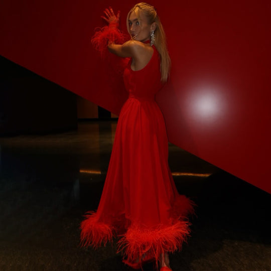 Damen Maxikleid mit eleganten Federn und hochgeschlossenem Design R&B