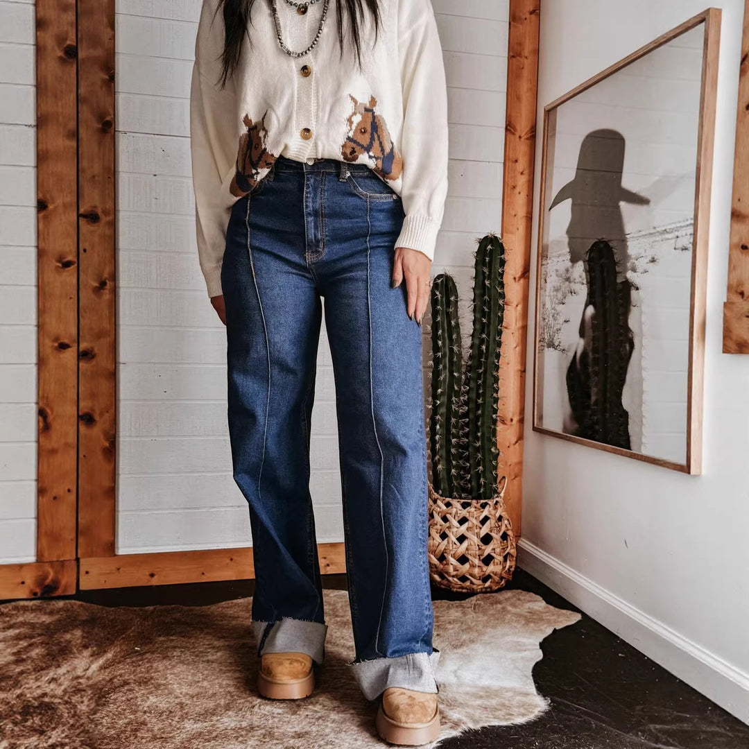Damen weite High-Waist Jeans mit einzigartigen Kontrastnähten und lässigem Look R&B