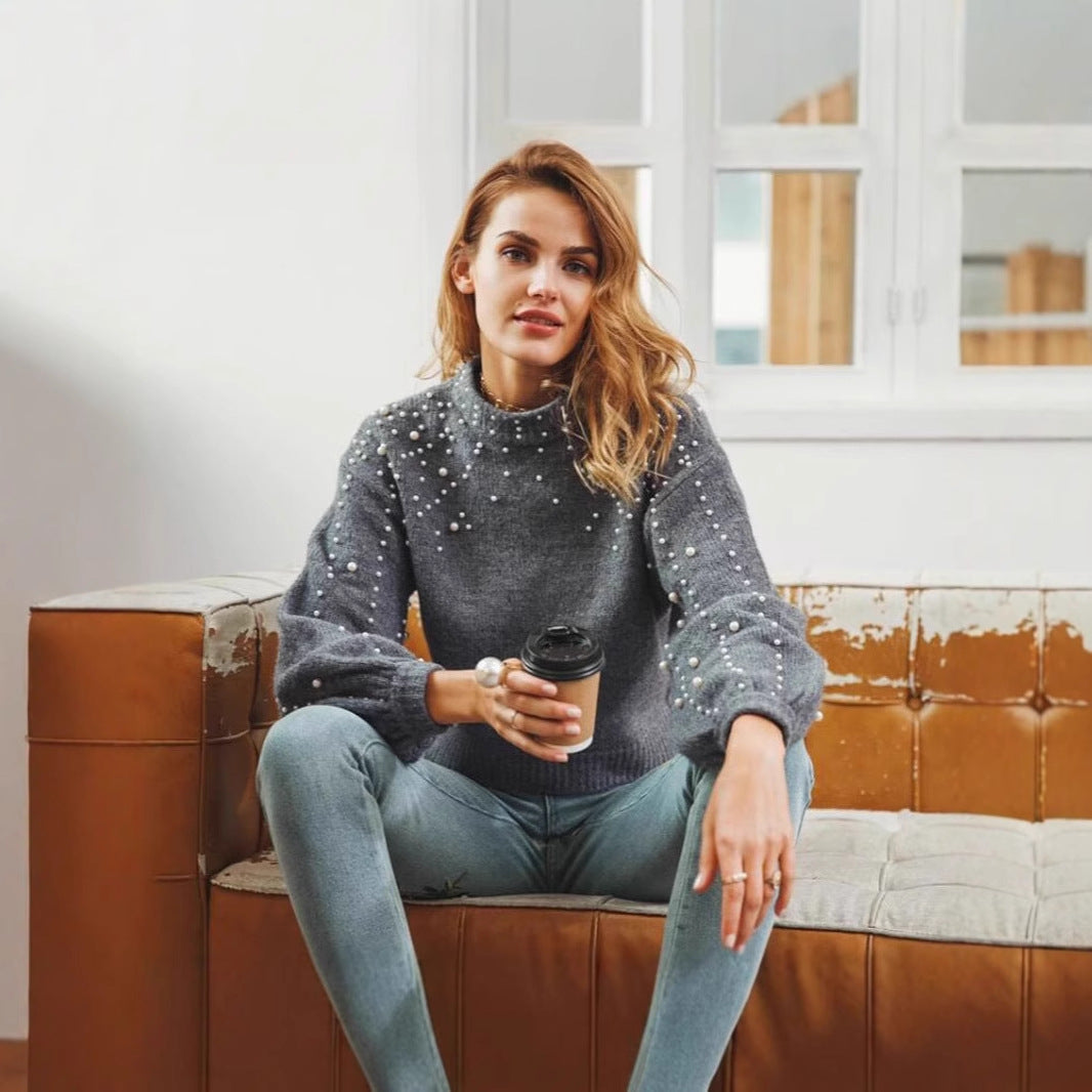 Damen modischer Pullover mit Perlendetails und ballonförmigen Ärmeln R&B
