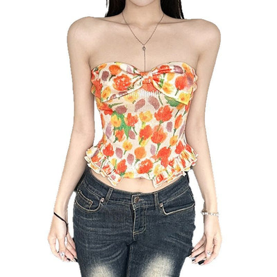 Damen Bustier-Top mit floralem Glitzerdesign und Rüschensaum R&B