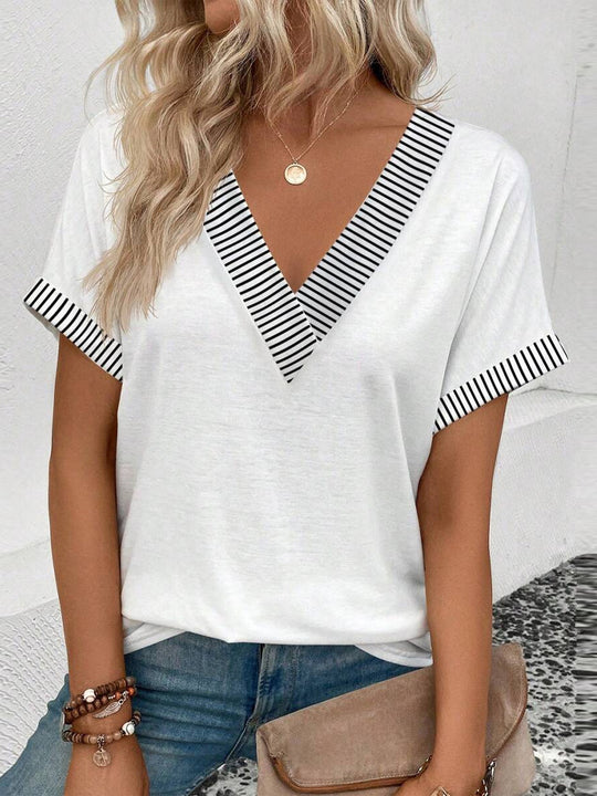 Damen V-Ausschnitt T-Shirt mit gestreiften Details Heidi-Mode