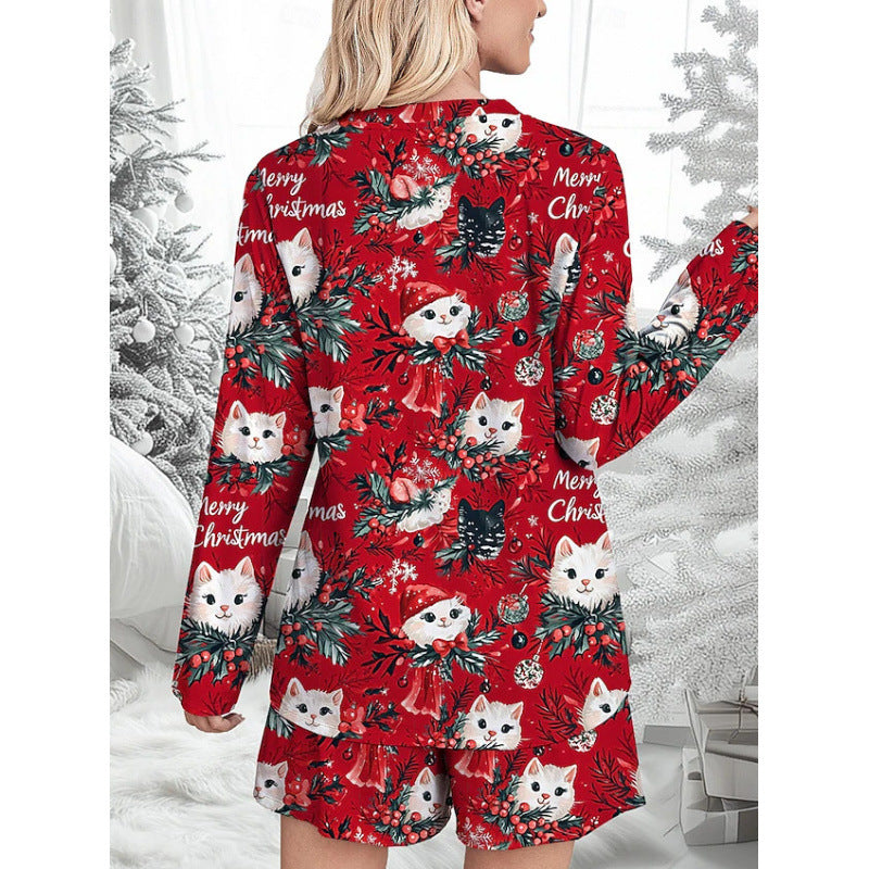 Damen Lustiges Weihnachts-Pyjama-Set mit Katzenmotiv R&B