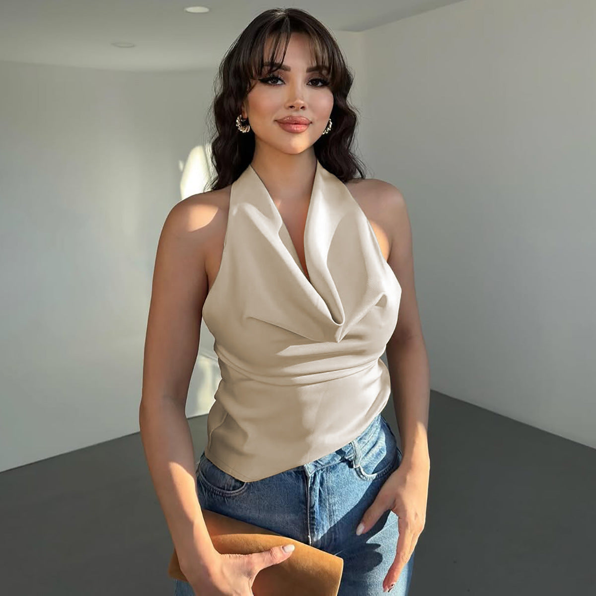 Damen Elegantes O-Back Top mit bindender Kapuze R&B