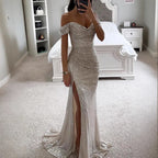 Damen Glamouröses Abendkleid mit schulterfreiem Schnitt und schimmerndem Stoff R&B