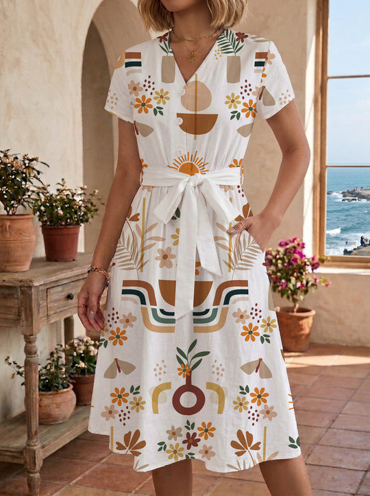 Damen Midikleid mit farbenfrohem Blumendesign und taillierbarem Bindegürtel R&B