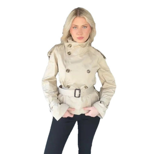 Damen Eleganter Kurz-Trenchcoat mit doppelter Knopfleiste und Taillengürtel R&B