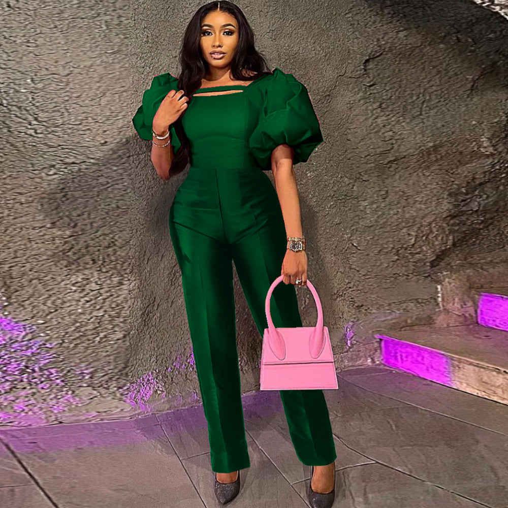 Damen eleganter Overall mit Puffärmeln und quadratischem Ausschnitt R&B