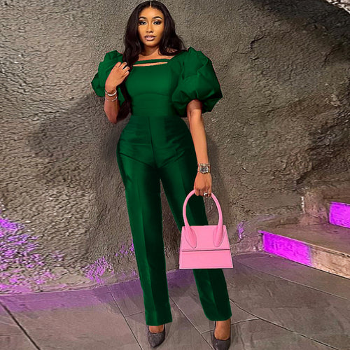 Damen eleganter Overall mit Puffärmeln und quadratischem Ausschnitt R&B