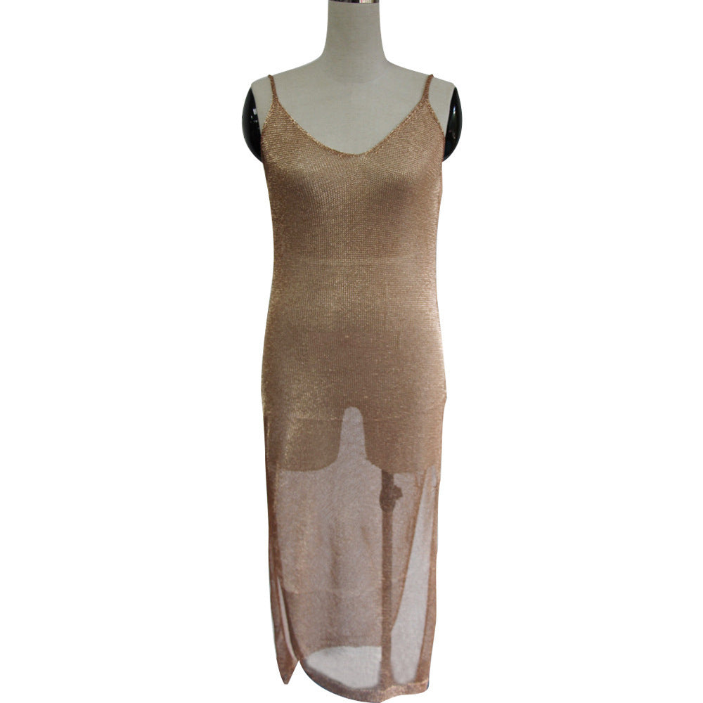 Damen elegantes Strickkleid mit transparentem Design und feinen Trägern R&B