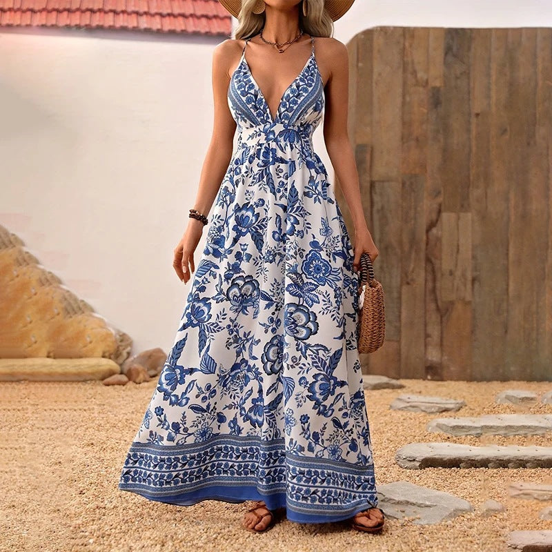 Damen Maxikleid mit tiefem V-Ausschnitt und floralen Mustern R&B