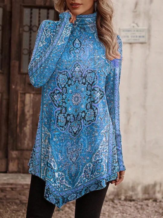 Damen Tunika mit floralem Design und hohem Kragen R&B
