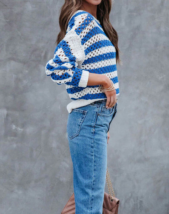 Damen luftiger Strickpullover mit großflächigem Lochmuster und Streifendesign R&B