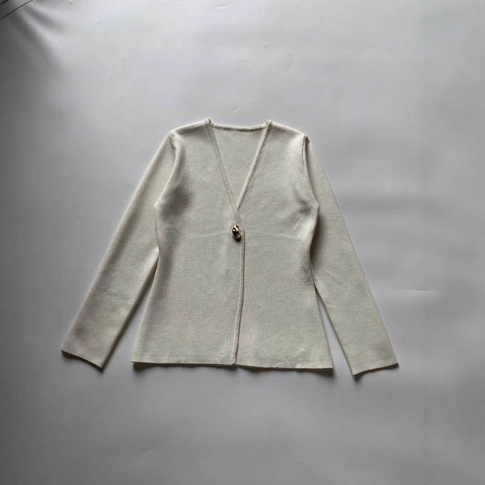 Damen lässiger V-Ausschnitt Cardigan mit dekorativem Knopf R&B