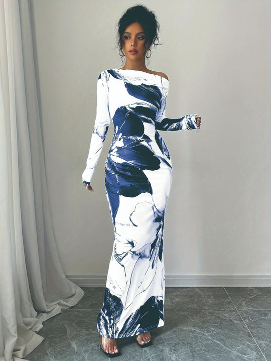 Damen Elegantes Maxikleid mit asymmetrischem Design und modernem Druck R&B