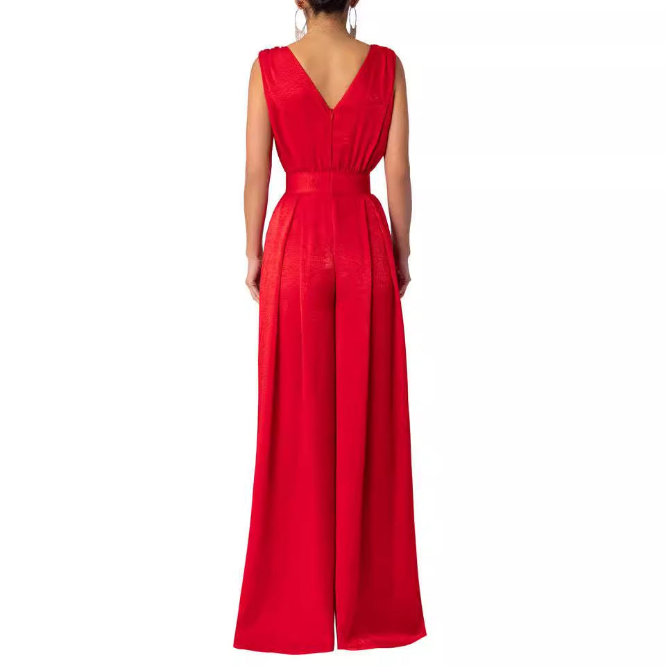 Damen Jumpsuit mit tiefem V-Ausschnitt und weit geschnittenem Bein R&B