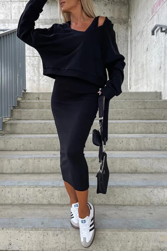 Damen lässiges Set aus cropped Pullover und figurbetonendem Midi-Rock R&B