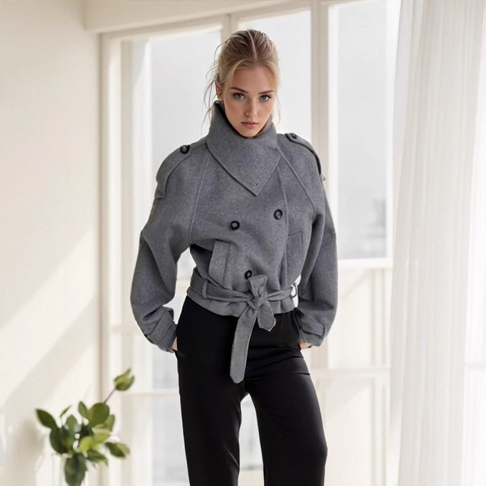 Damen modische Oversized-Wolljacke mit hohem Kragen und Gürtel R&B