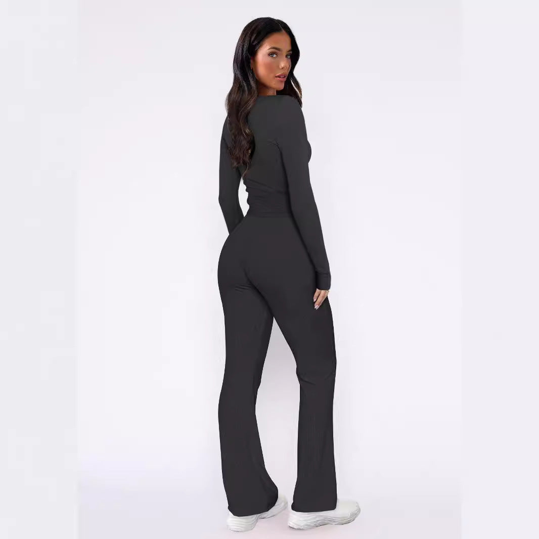 Damen bequemes Oberteil mit Knopfleiste und lockerer Hose R&B