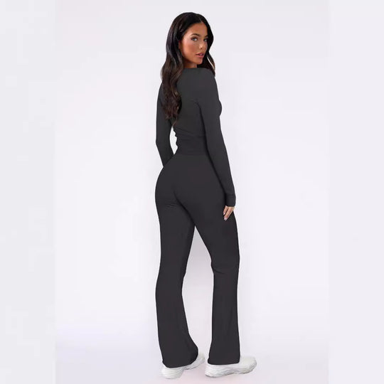 Damen bequemes Oberteil mit Knopfleiste und lockerer Hose R&B