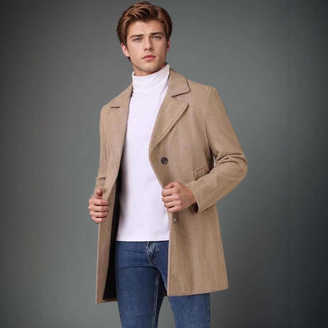Herren eleganter Doppelreiher-Mantel mit strukturiertem Herringbone-Muster R&B