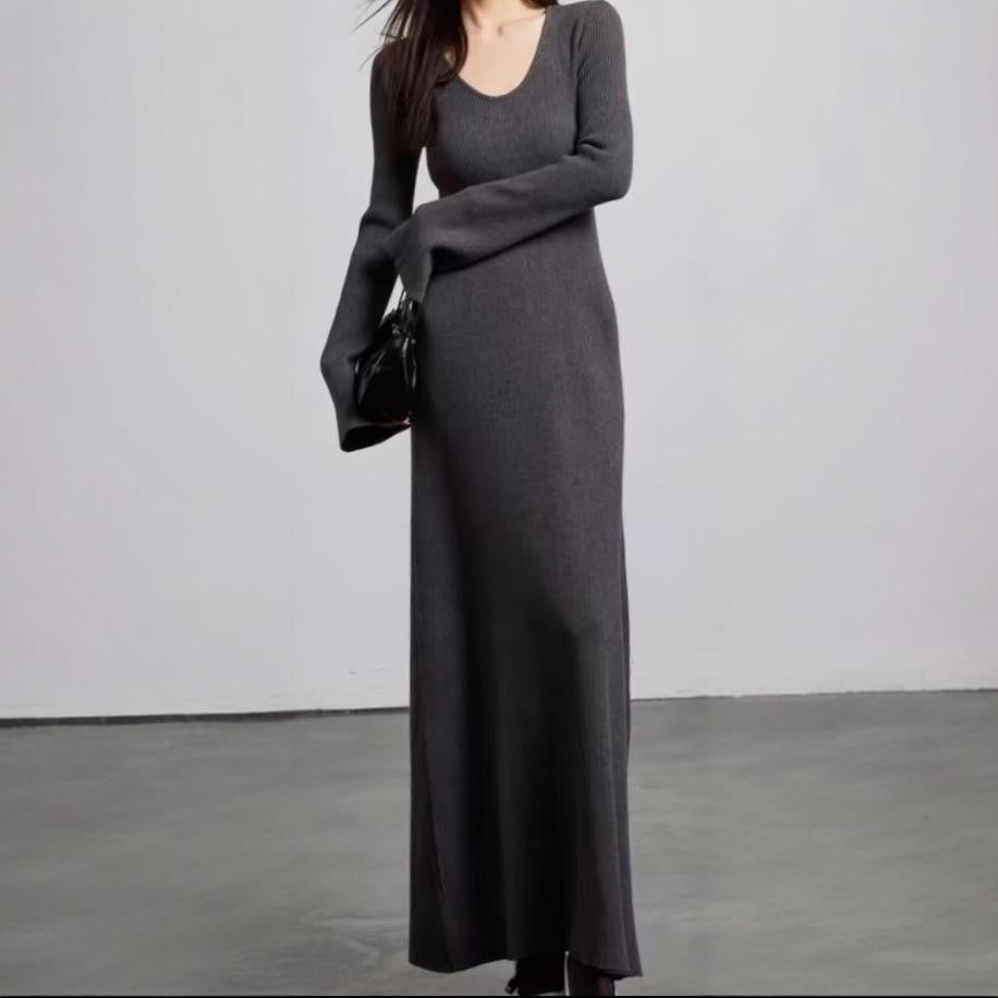 Damen elegantes Maxikleid mit feiner Rippstruktur und V-Ausschnitt R&B