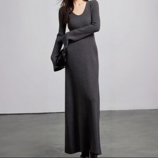 Damen elegantes Maxikleid mit feiner Rippstruktur und V-Ausschnitt R&B