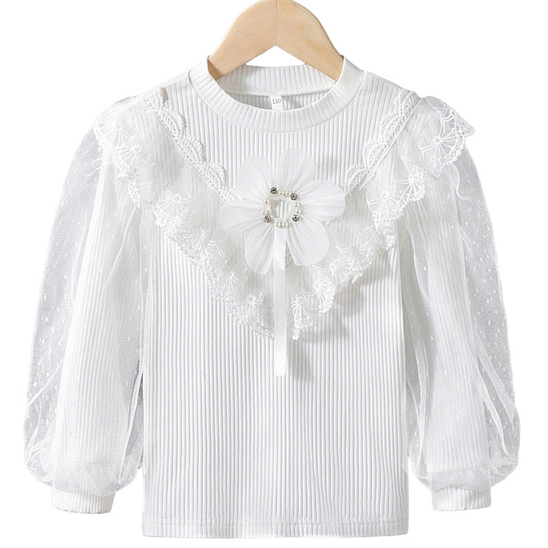 Mädchen Langarmshirt mit elegantem Tüllbesatz und Blumendekor R&B