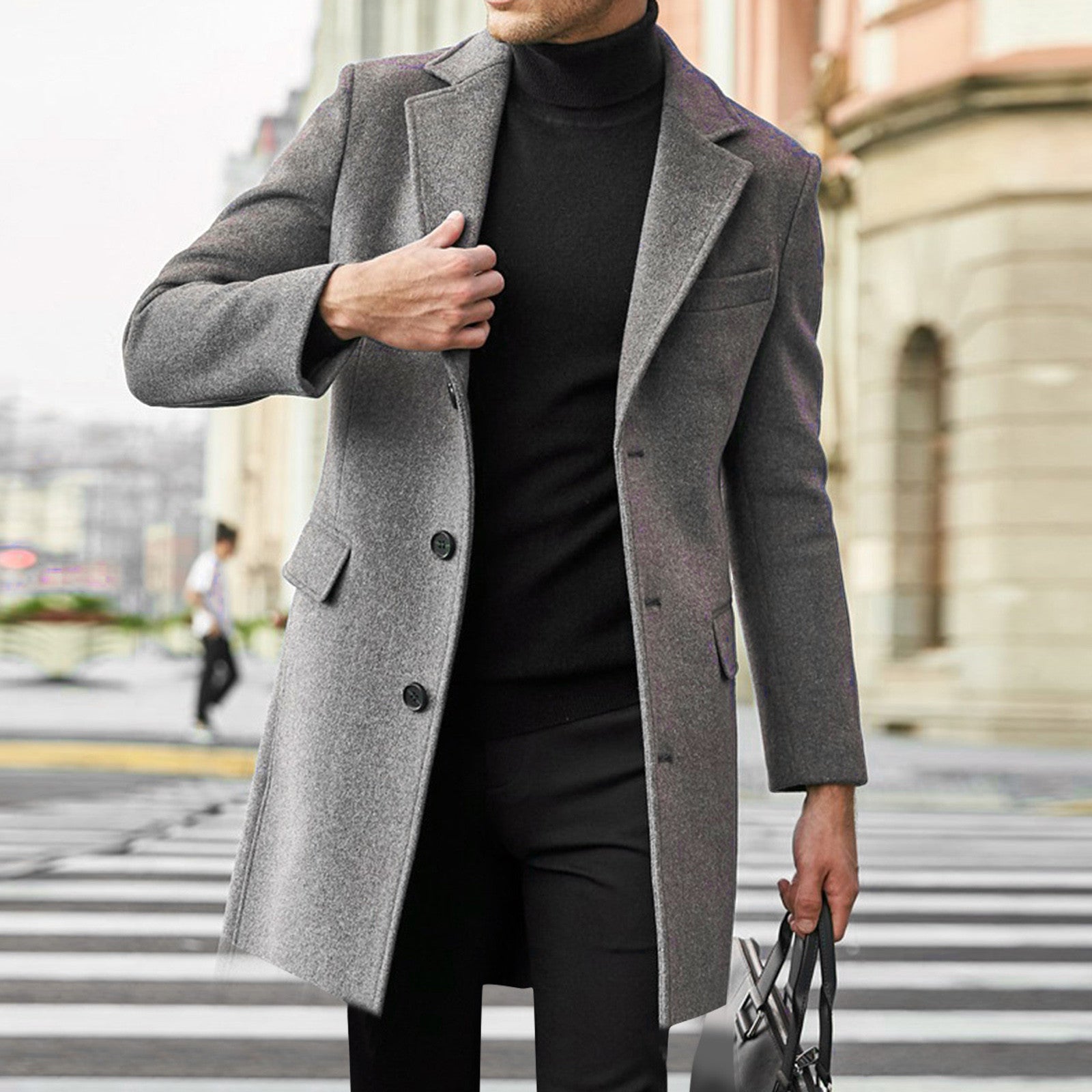 Herren eleganter Wollmantel mit klassischem Revers und verdeckten Knöpfen R&B