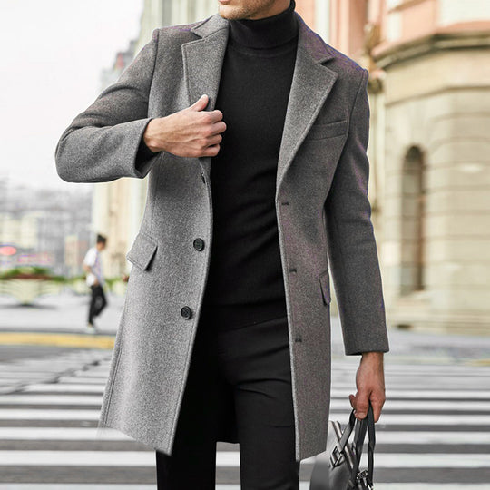 Herren eleganter Wollmantel mit klassischem Revers und verdeckten Knöpfen R&B