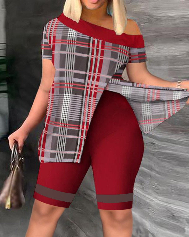 Damen lässiges Set mit asymmetrischem Oberteil und Radlerhose R&B