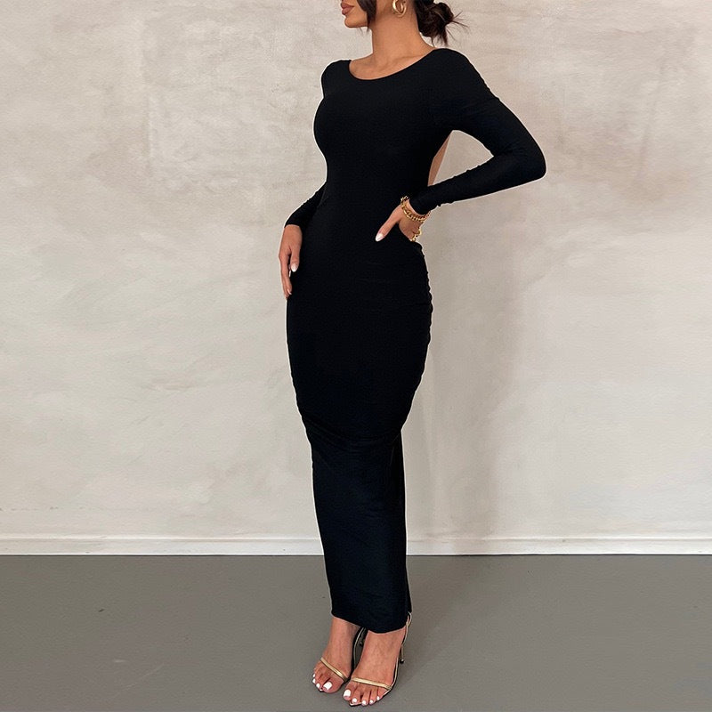 Damen Elegantes figurbetontes Maxikleid mit langen Ärmeln und Rundhalsausschnitt R&B