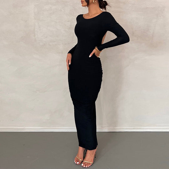 Damen Elegantes figurbetontes Maxikleid mit langen Ärmeln und Rundhalsausschnitt R&B