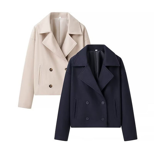 Damen gefütterte cropped Jacke mit doppeltem Knopfverschluss und weitem Revers R&B