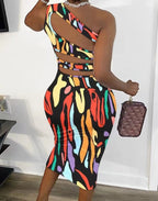 Damen Wickelkleid mit asymmetrischem Träger und buntem Muster R&B