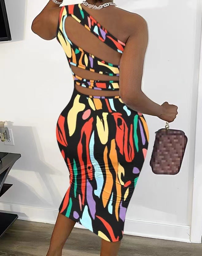 Damen Wickelkleid mit asymmetrischem Träger und buntem Muster R&B